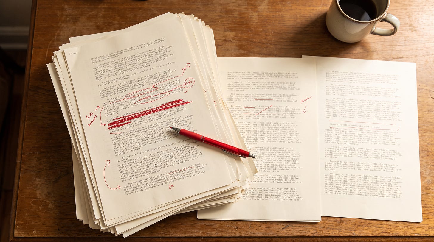 Een dikke stapel uitgeprinte pagina's op een bureau, de bovenste doorspekt met correcties in rode pen en één lange doorhaling, met de pen er middenop neergelegd en twee losse vellen ernaast Een dikke stapel uitgeprinte pagina's op een bureau, de bovenste doorspekt met correcties in rode pen en één lange doorhaling, met de pen er middenop neergelegd en twee losse vellen ernaast
