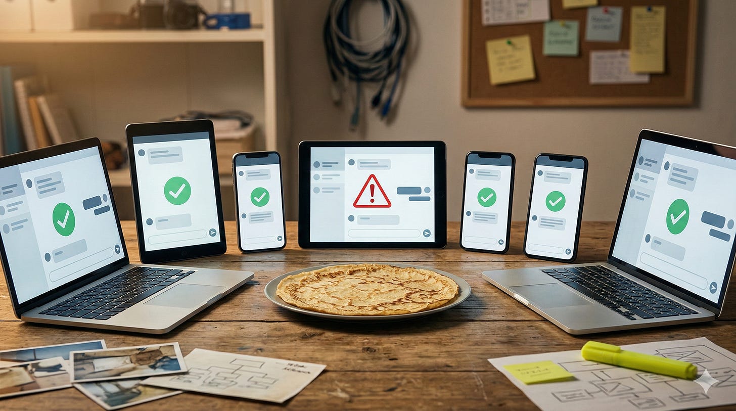 Seven screens arranged on a table, six displaying green checkmarks in chat interfaces and one displaying a red warning triangle, with a pannekoeken on a plate in the center foreground.