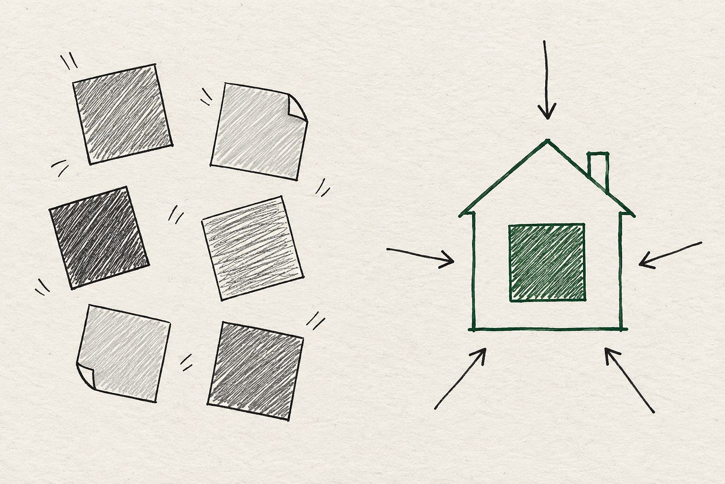 Six slightly different swatches scattered on the left; one swatch inside a green house with arrows pointing in, on the right