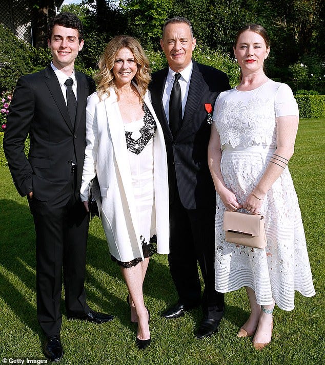 The Forrest Gump actor met his first wife - who was four years his senior - when they were both studying theater at California State University in Sacramento. (Pictured: Hanks, his second wife Rita Wilson and his two children, E.A. and Truman)