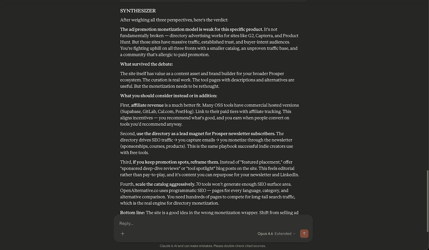 Claude AI screenshot showing the Synthesizer agent delivering final business strategy recommendations after weighing Researcher, Analyst, and Contrarian perspectives, demonstrating how the multi-agent council prompt produces actionable insights