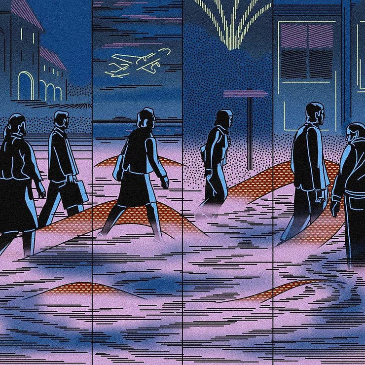 People walk through a surreal cityscape with wavy ground. Airplane and buildings are visible under a blue and pink sky. Mood is dreamlike. People walk through a surreal cityscape with wavy ground. Airplane and buildings are visible under a blue and pink sky. Mood is dreamlike.