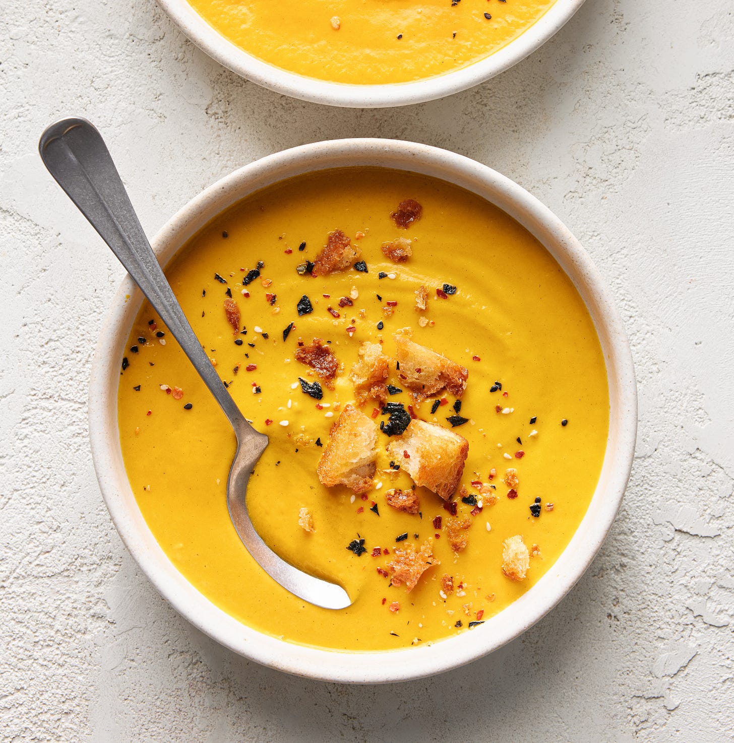any-vegetable soup with crunchy toppings