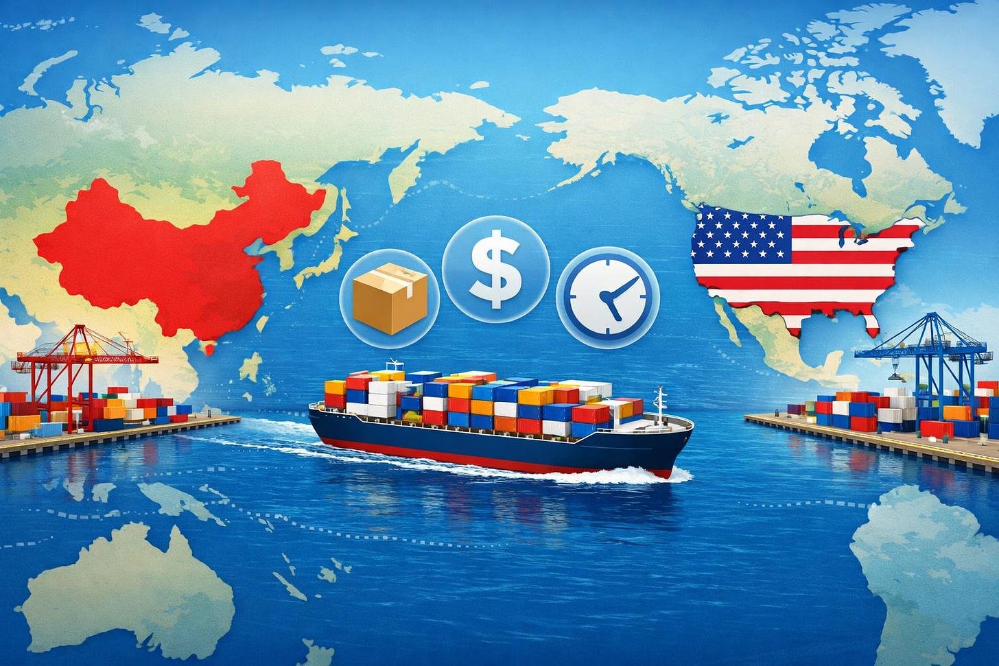 A cargo ship sailing across the ocean between China and the USA with ports and shipping containers on both coasts. A cargo ship sailing across the ocean between China and the USA with ports and shipping containers on both coasts.