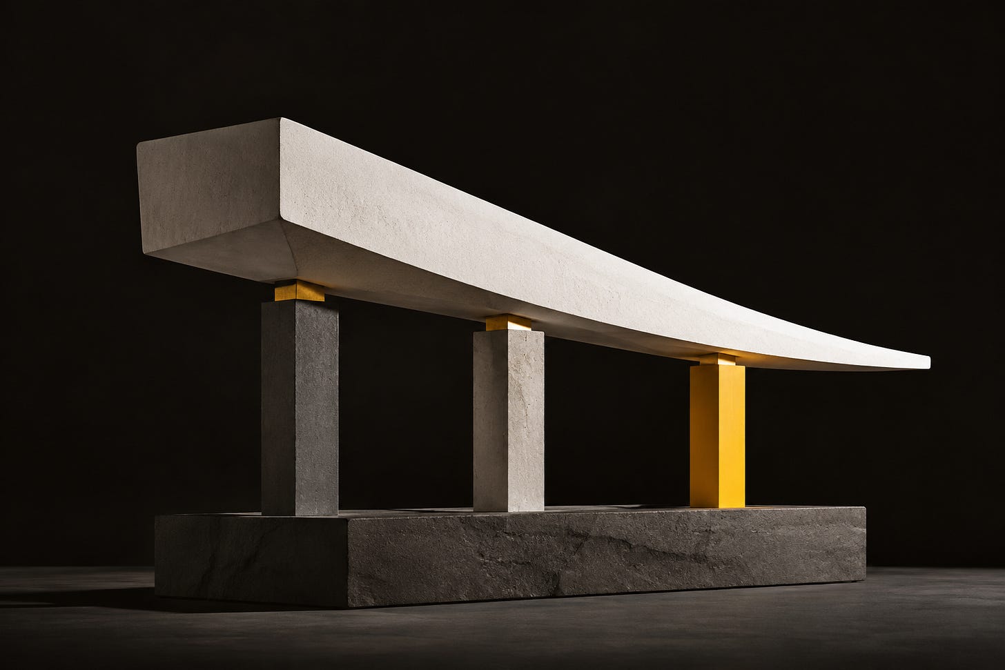 A pale stone span reaches outward from a firm foundation, supported by columns with yellow structural joints.