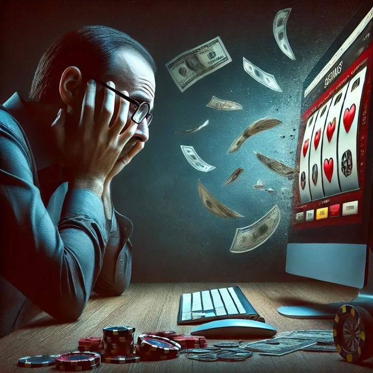 This may contain: a man sitting at a desk in front of a computer with money falling out of it