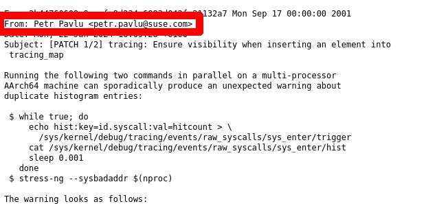 A Git patch file cut screenshot from a web browser showing the `From` field bordered in red