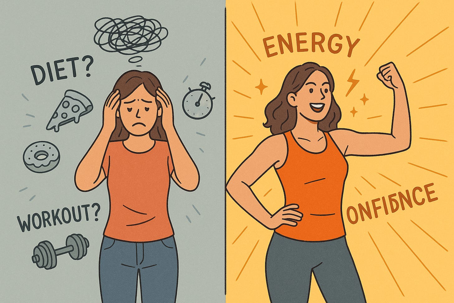Side-by-side split graphic: one side showing confusion with diets/workouts, the other side showing energy and confidence. Side-by-side split graphic: one side showing confusion with diets/workouts, the other side showing energy and confidence.