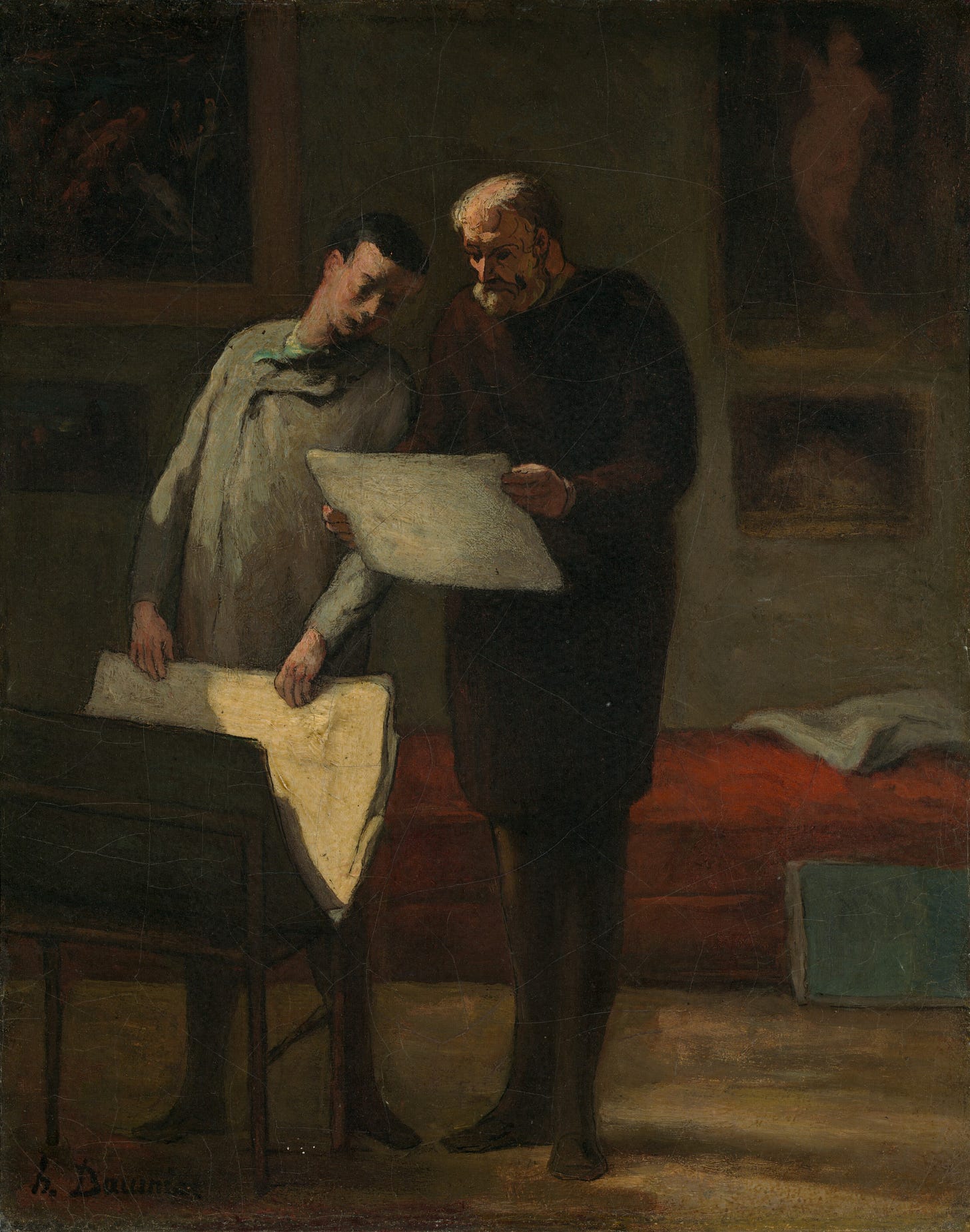 An oil painting of an old man and a young man looking at a piece from a portfolio