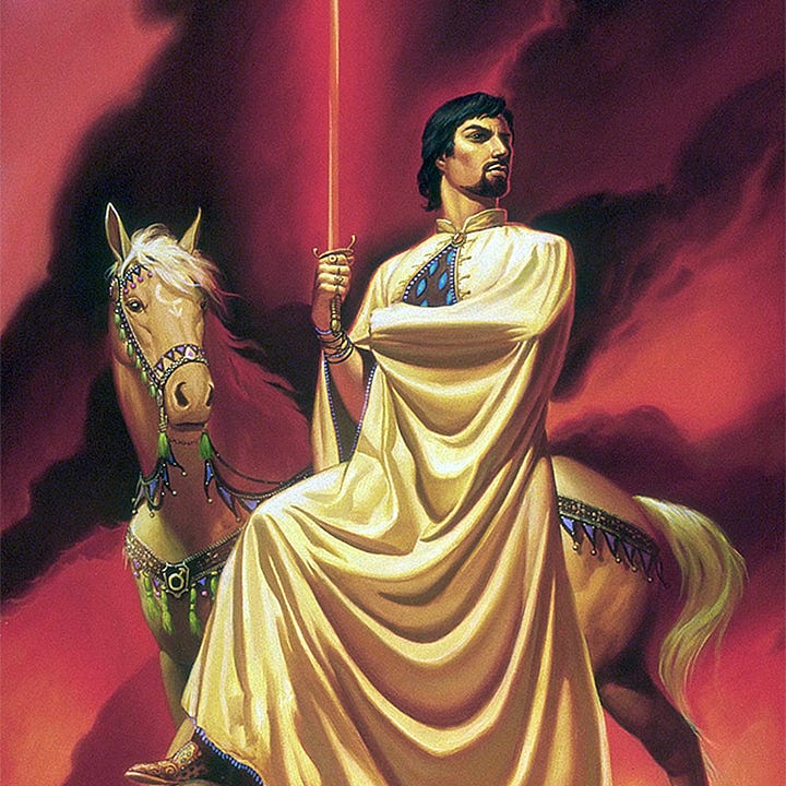 LEFT: Figure detail from MYM featuring the incarnation of War wrapping a white cloak around himself with one arm. His free arm holds up a sword that glows vibrant red against angry black clouds.  Behind him, a tan horse with white mane turns toward the audience. The multicolored bridle and collar are dominated by green tassels.  RIGHT: Close detail from MYM featuring his booted foot resting on a disembodied head, which appears to be made of stone. A helm with Y-shaped opening covers most of the face, but the exposed mouth has distinctive vertical wrinkles.