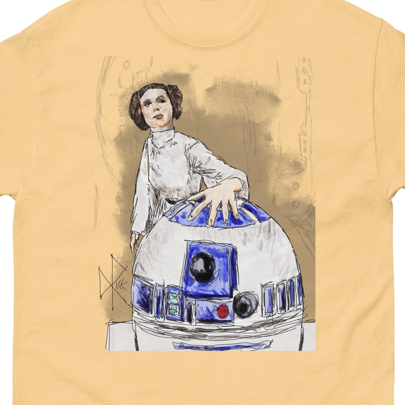 Standing behind R2-D2, Princess Leia places her hand on top of the droid to help it stop its trembling as they wait in hiding aboard the captured Tantive IV. Sketch art by Don Rice.