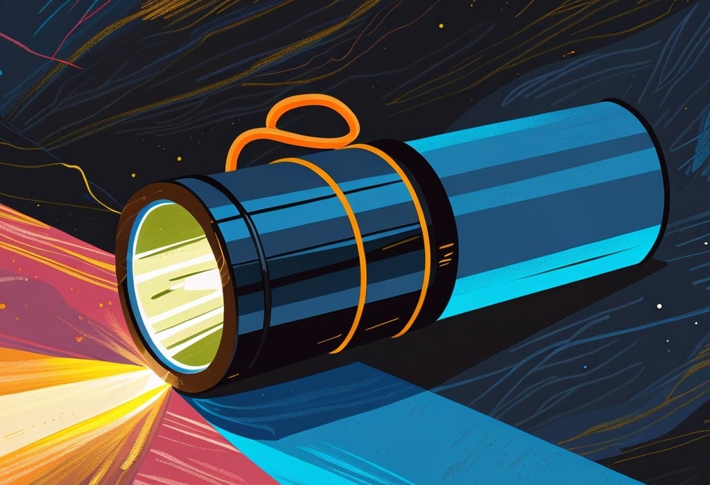 A handheld flashlight illuminates an abstract background.