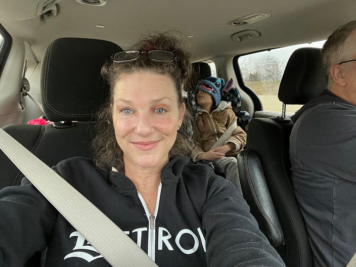 Daughter Donna Rose, granddaughter Tallulah, and son Jimmy CRASHED OUT in the minivan; Me, perfectly perfect at 51.