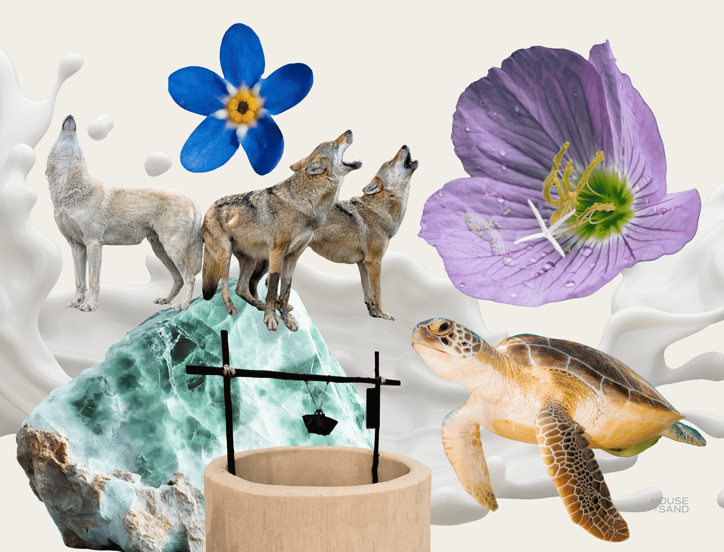 Collage of wolves, primrose, turtle, well, and forget-me-nots on a backdrop of splashed milk. 