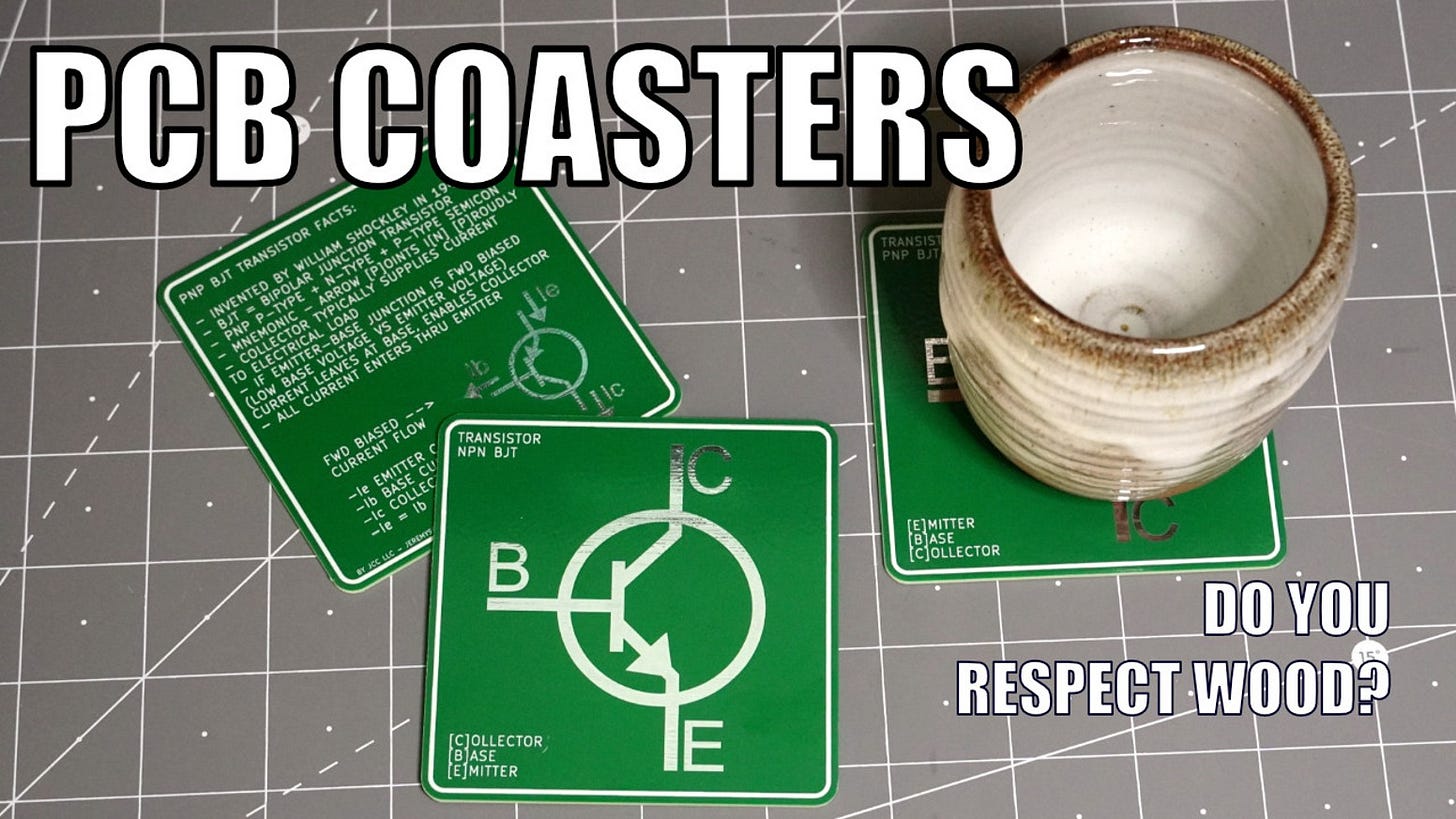 NPN and PNP Transistor symbols and info on coasters made from printed circuit boards NPN and PNP Transistor symbols and info on coasters made from printed circuit boards