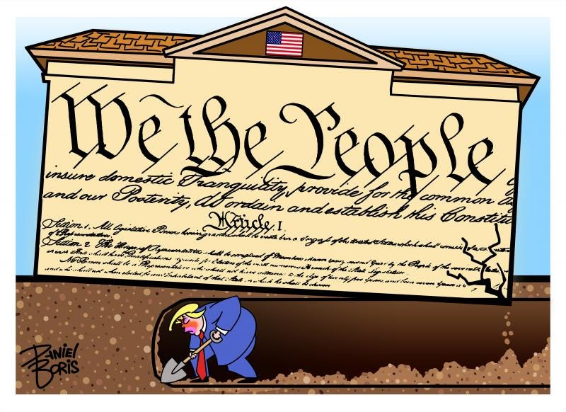 Donald Trump shown with shovel in hand, digging a large tunnel under a building labeled "We the people" with a U.S. flag at the top of the building. The building is starting to lean, with cracks shown near a bottom corner.