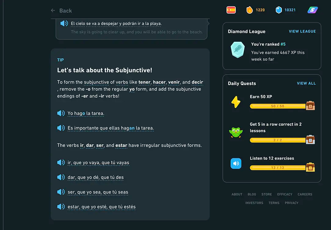 A screenshot from the Duolingo Web page in a Guidebook page. The displayed tip is "Let's talk about the Subjunctive!" with various conjugations of verbs.A screenshot from the Duolingo Web page in a Guidebook page. The displayed tip is "Let's talk about the Subjunctive!" with various conjugations of verbs.