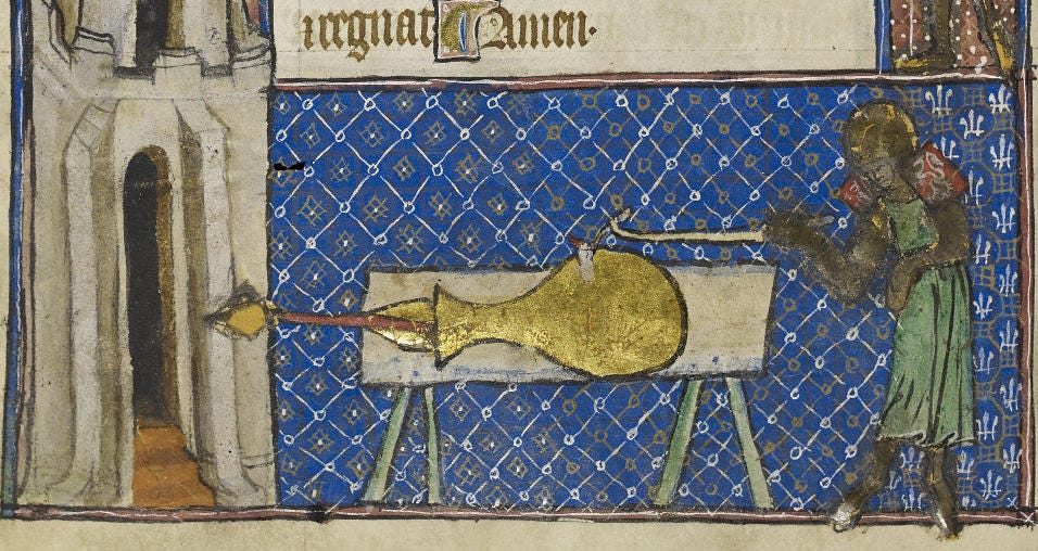An early cannon on the lower register of folio 70v, Treatise of Walter de  Milemete, London, England, 1326-1327AD