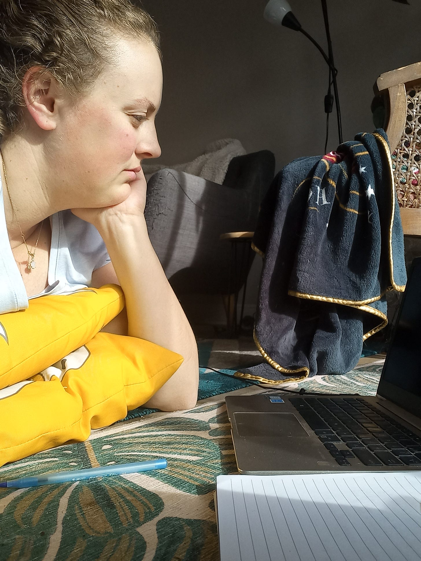 alyssa writing on her laptop on her stomach on the floor in the sun