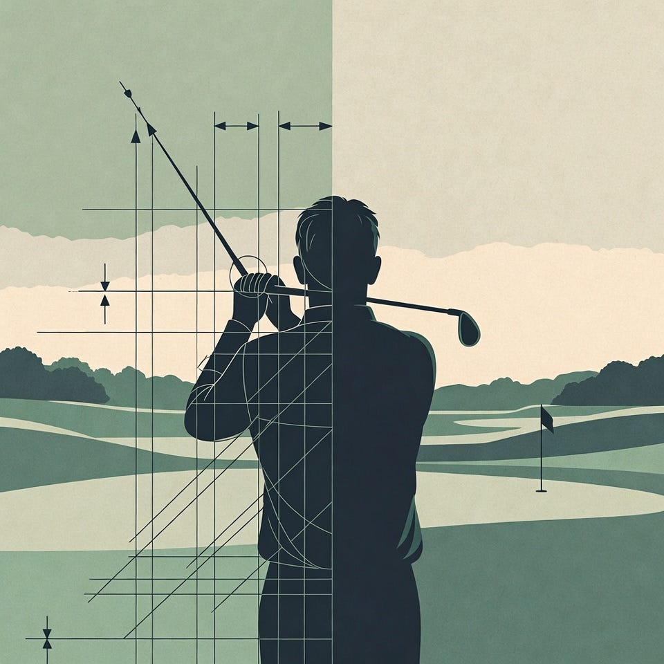 A wide editorial illustration of a lone golfer at address on a quiet golf course at dawn, viewed from behind. The left half of the image is overlaid with faint technical annotations: thin blueprint-style lines tracing the swing plane, small measurement arrows, scribbled margin notes, a subtle grid — as if an engineer has marked up the scene. The right half is completely clean: soft morning light, open fairway, a single flag in the distance. The transition between the two halves is gradual, not a hard split. Muted palette — sage green, cream, graphite blue-gray. Minimalist, flat illustration style with paper texture, like a New Yorker or vintage golf-club poster. No text, no logos, no visible face. Calm, contemplative mood. Wide 2:1 aspect ratio.