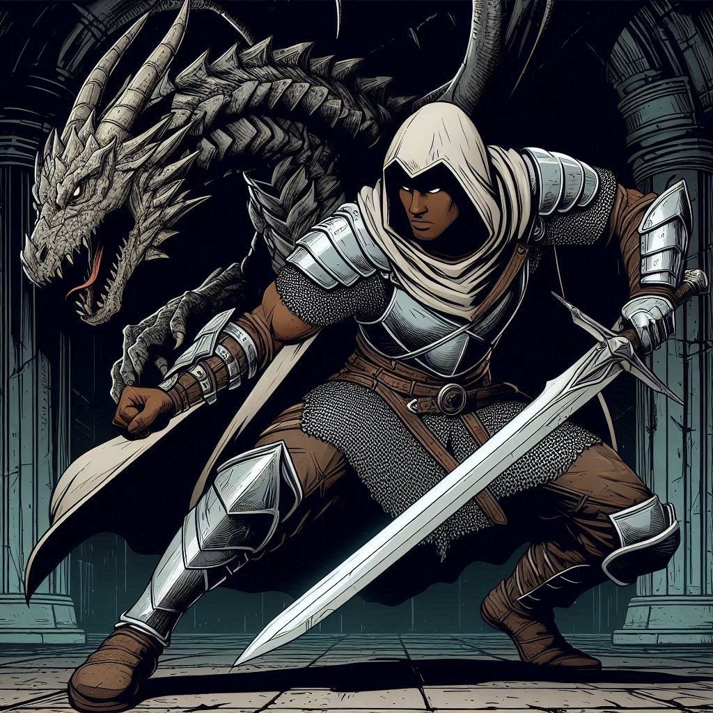full body, a male with dark skin warrior wearing light scale mail armor , with a two handed sword, fighting a bone dragon in a dark chamber, comic 