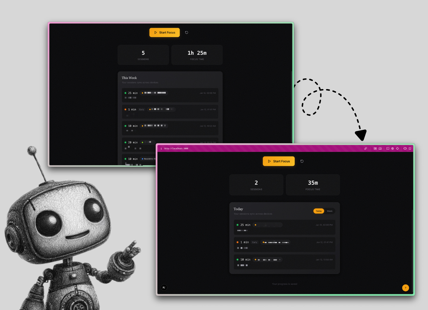 A before and after image showing the featuer Claude Code added to the tiemr A before and after image showing the featuer Claude Code added to the tiemr