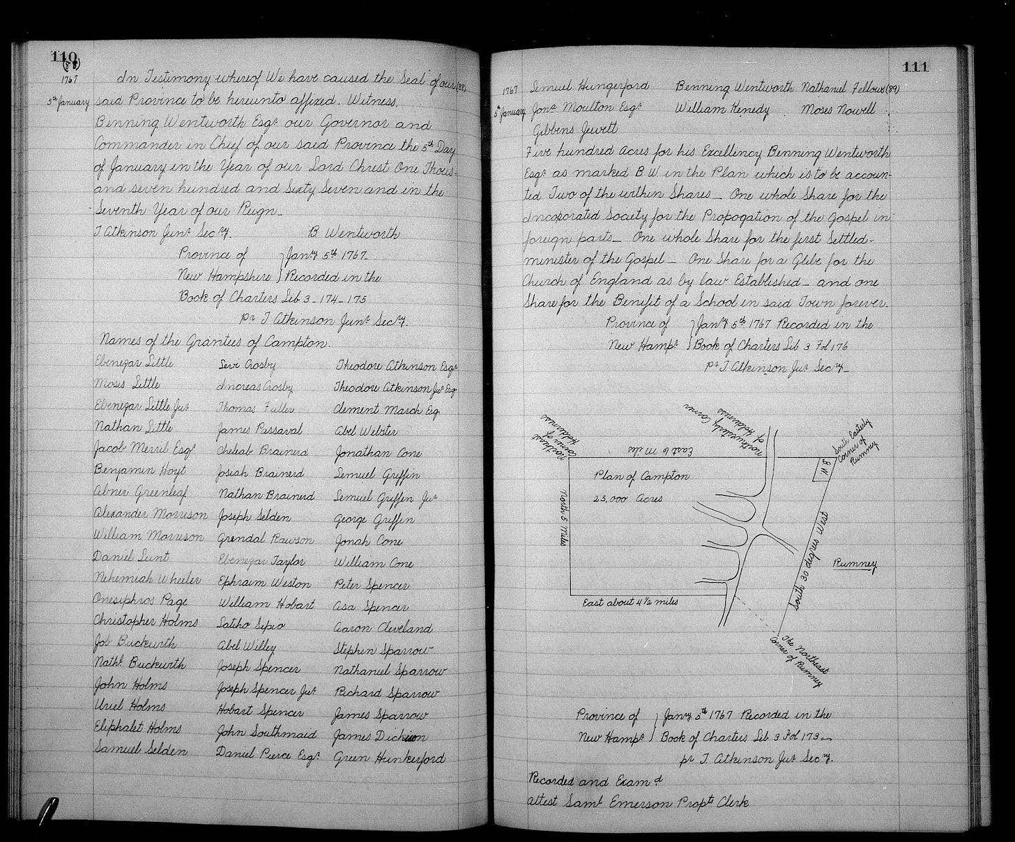 Pages from the town record book, clear handwriting and a hand-drawn map of the area being granted.