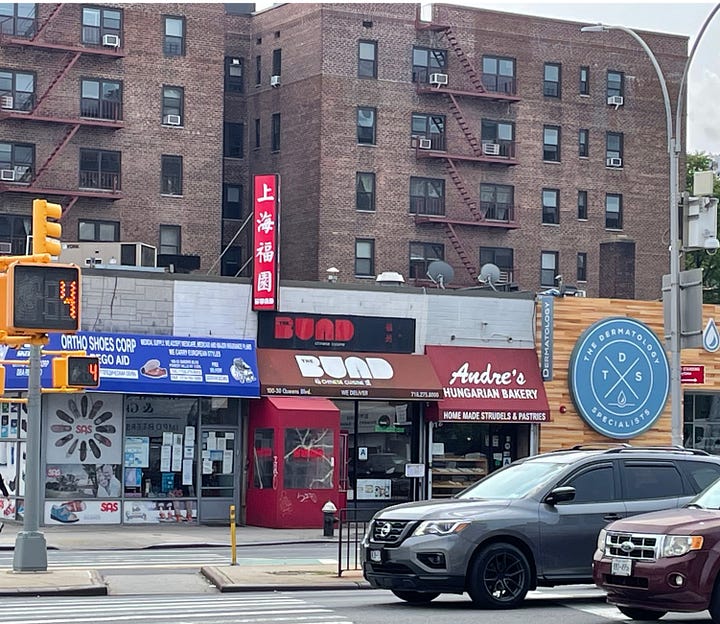 Two color photos showing italian, japanese, and kosher catering hall, and in the other photo, a Chinese restaurant alongside a Hungarian bakery.
