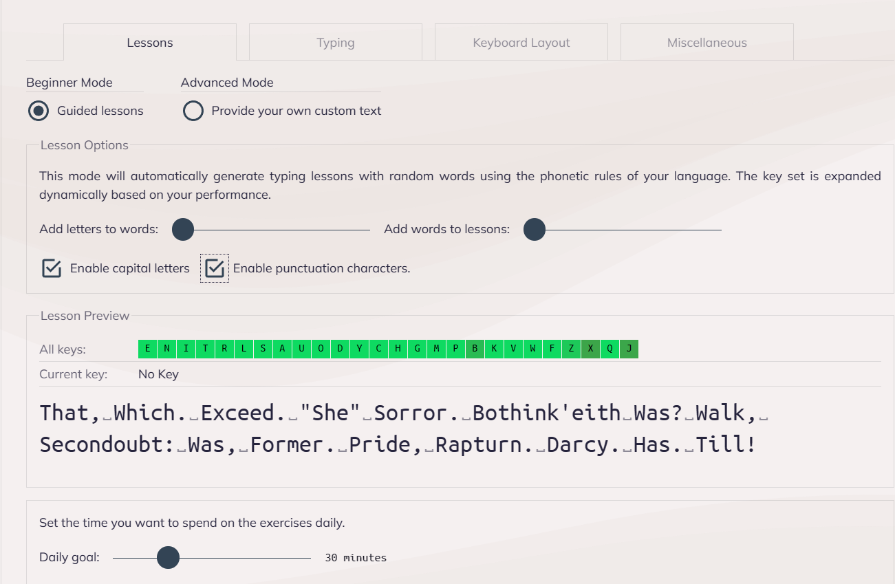 settings for typing lessons on keybr