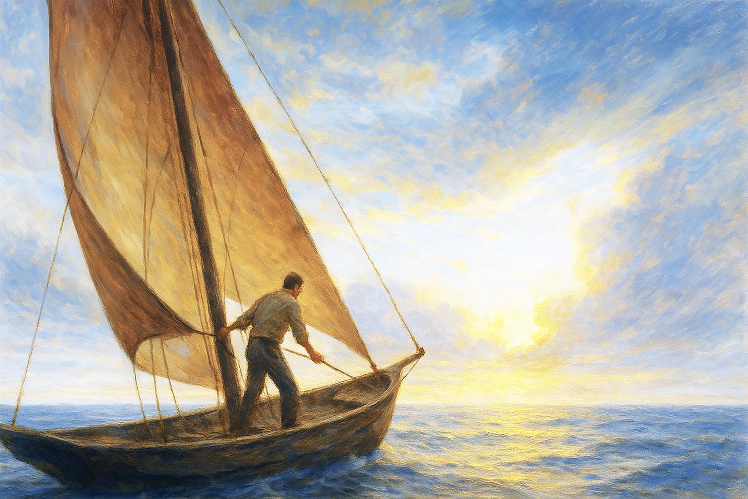 A man adjusts the sail of a small boat on a calm sea at sunrise, golden light breaking through dramatic clouds, symbolizing resilience and inner change.
