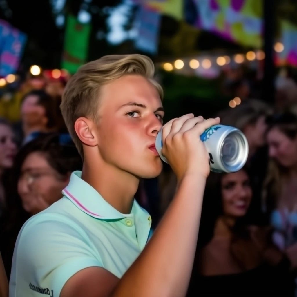 frat boy drinking  hard seltzer at sorority event