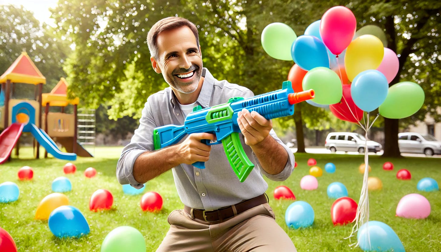 A happy 45-year-old European man with short hair, wearing khaki pants and a light blue shirt, is joyfully shooting at many bright-colored balloons floating freely in a park using a toy gun. He has a cheerful expression on his face. The park setting includes lush green grass, trees, and a clear blue sky. The balloons are in vibrant colors such as red, blue, green, and yellow. The toy gun is colorful and playful-looking.