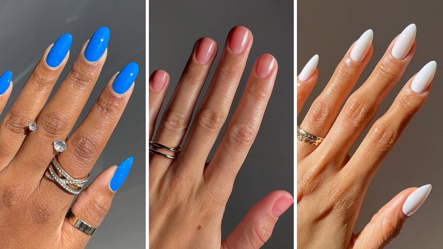 summer nail color trends 2025  electric blue jelly pink milky white nails