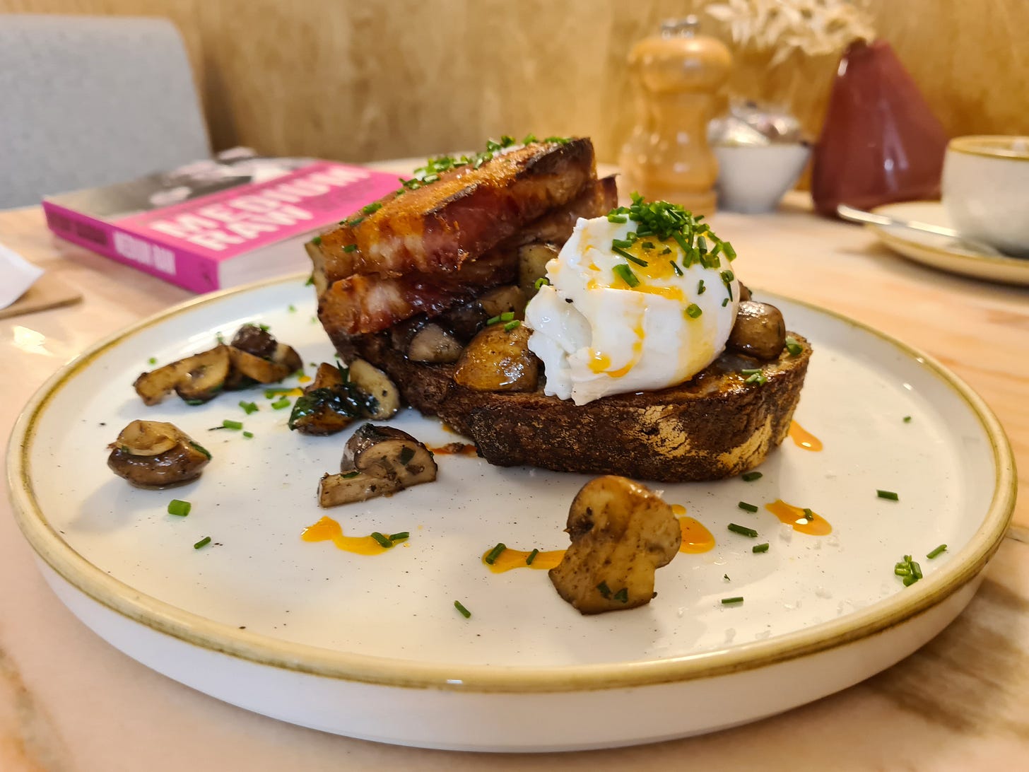 Ground Bakery's overnight bacon with mushroom and eggs.