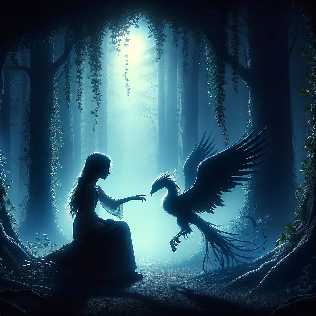 In a mystical twilight forest, we see a silhouette of Elara, an eight-year-old girl with long, flowing hair, reminiscent of moonlit silver. She is depicted in a moment of emotional depth, kneeling beside a wounded phoenix, shrouded in a curtain of ivy. The phoenix, small and delicate, glows faintly, highlighting the compassionate connection between Elara and the mythical creature. Elara's youthful silhouette, with her simple, childlike dress, leans gently toward the phoenix, her hand extended in a caring gesture. The forest around them is filled with towering trees and a play of light and shadow, creating an atmosphere of mystery and enchantment. The scene captures a pivotal moment of healing, empathy, and understanding, while Elara's long shadow cast in the twilight hints at her evolving complexity and the deeper layers of her character, foreshadowing the challenges and growth she will face.