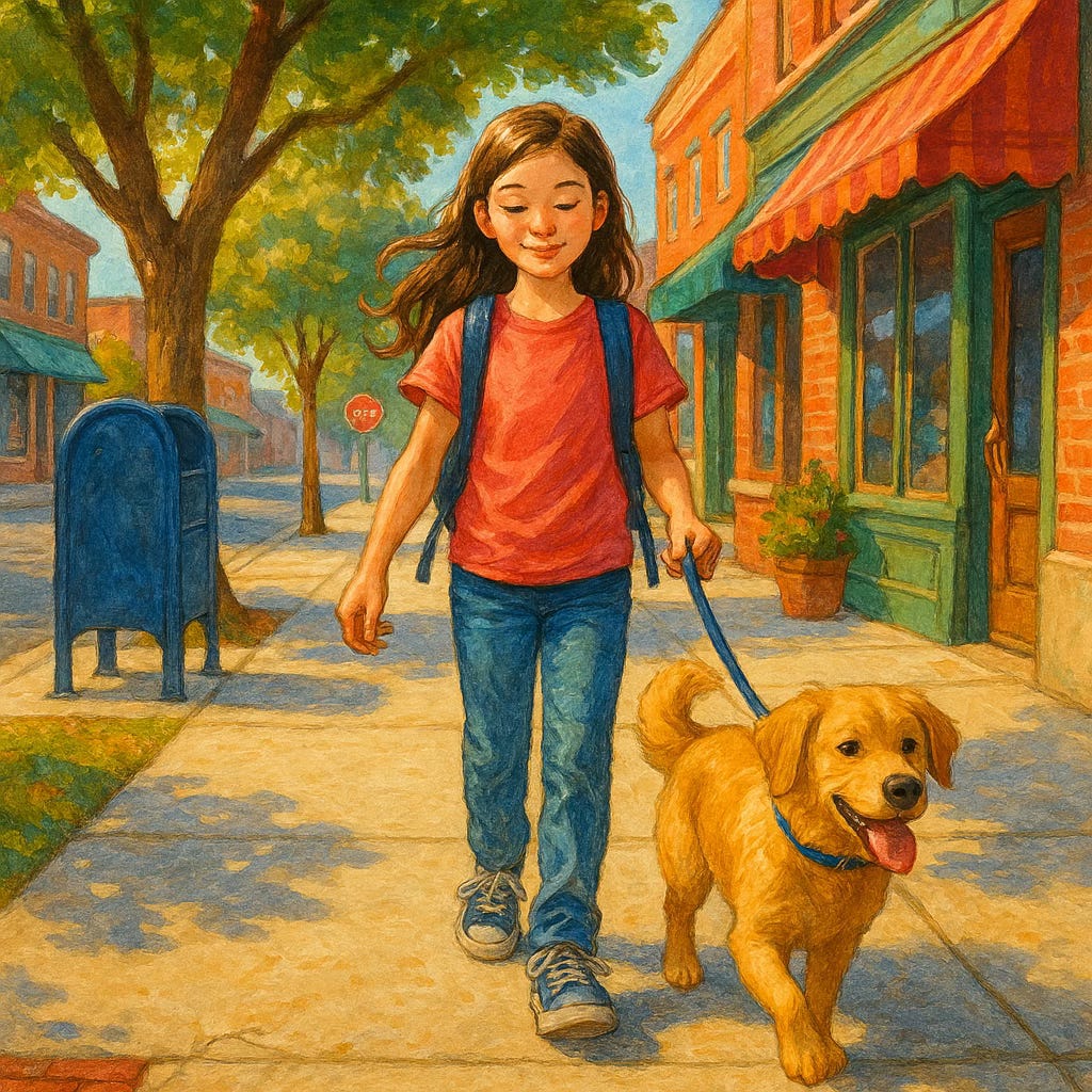 Young girl walking on a quiet mainstream with her dog Young girl walking on a quiet mainstream with her dog