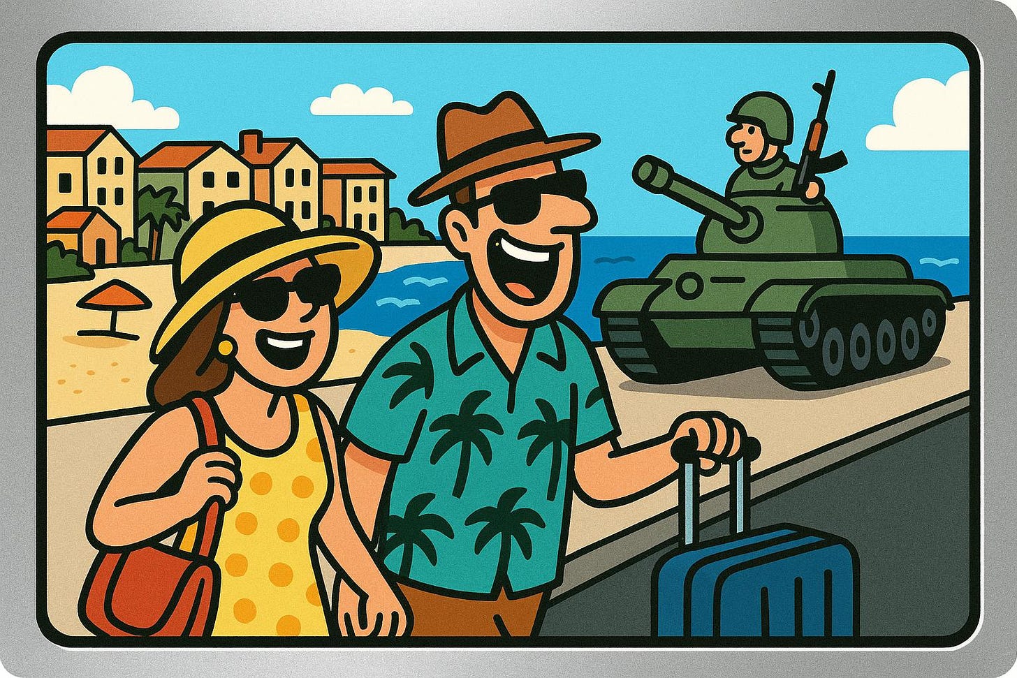 Tourists Smiling Near Military Tank on Beach Resort Tourists Smiling Near Military Tank on Beach Resort