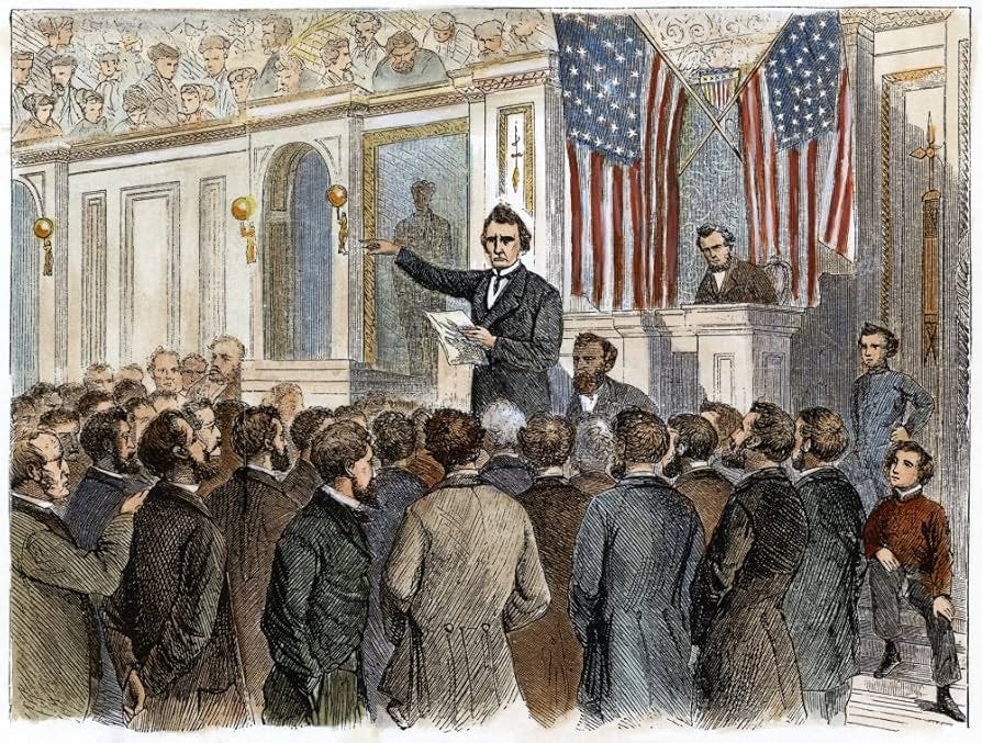 Johnson Impeachment 1868 Ncongressman Thaddeus Stevens (1792-1868) Closing  The Debate In The House Of Representatives On The Proposed Impeachment Of  ...