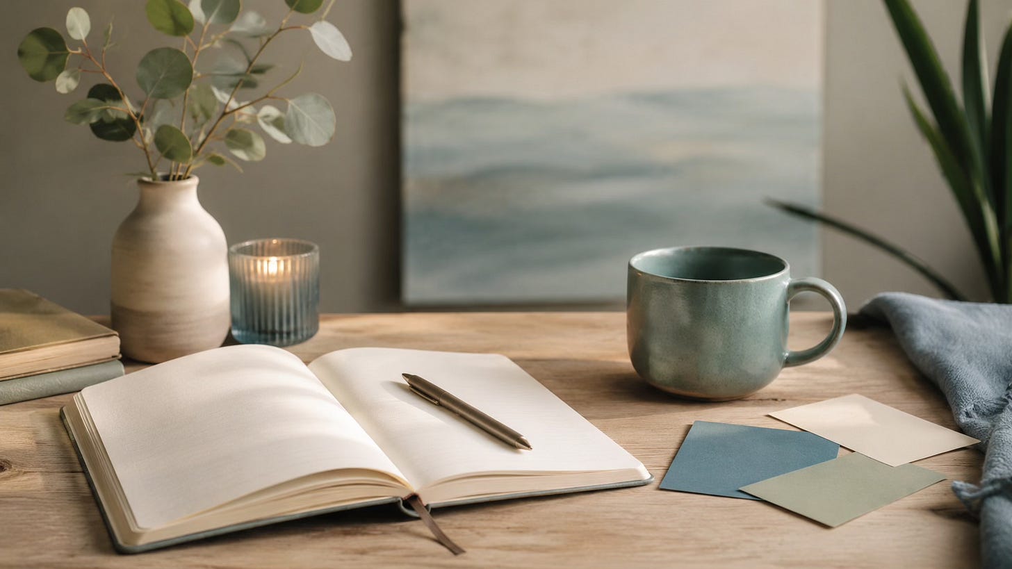 Open notebook, pen, mug, and small paper cards on a calm desk, representing the process of sorting general stress into something more specific.
