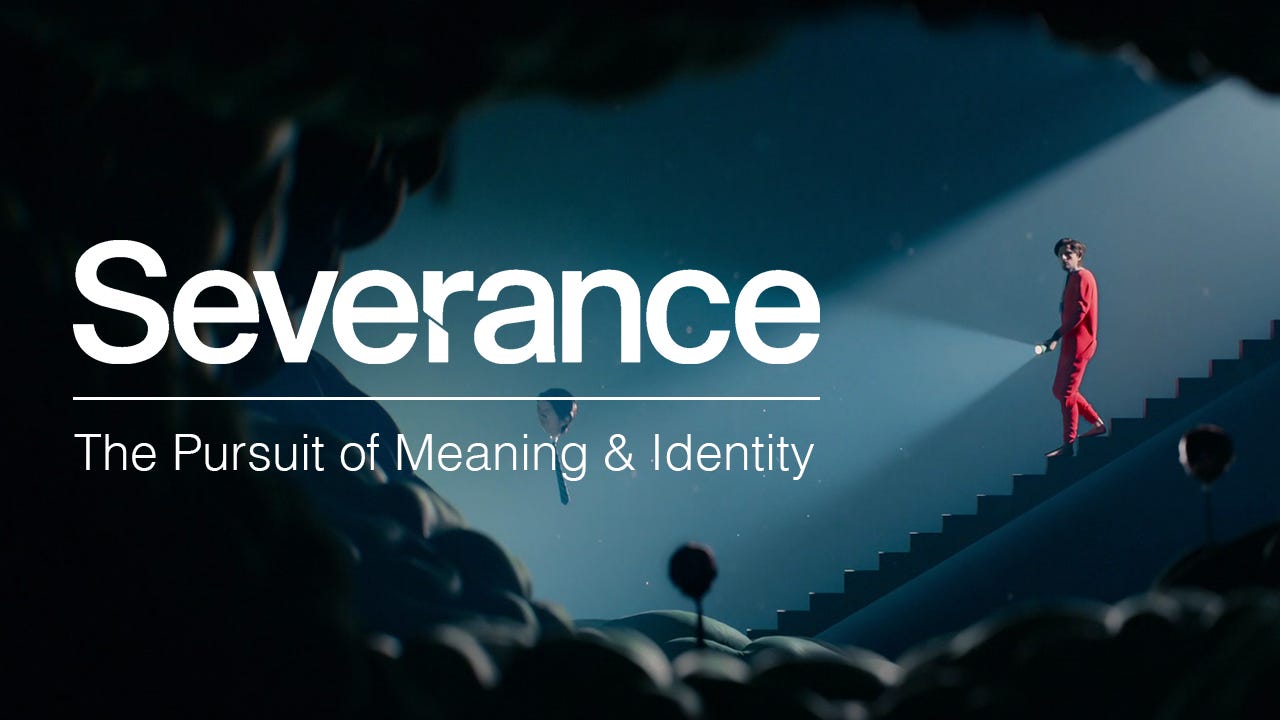 A screenshot from the opening sequence of Severance season 2, of Mark walking down the stairs with a flashlight and an artistic model of the human brain in the foreground. There is text edited on top that reads: "Severance: The Pursuit of Meaning & Identity"