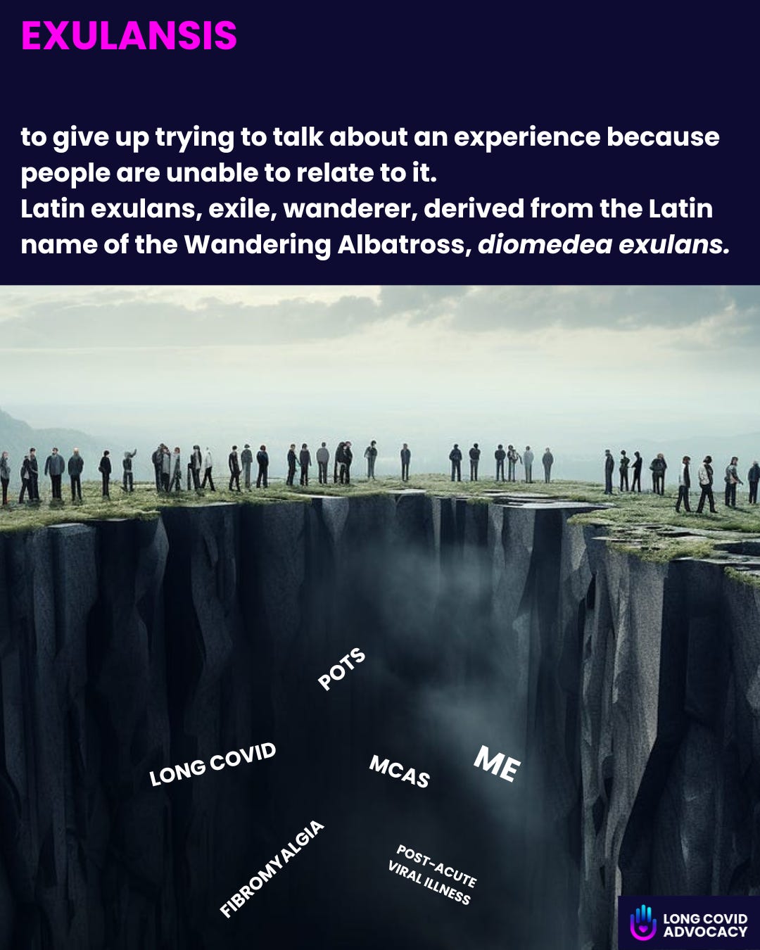 People stand on the edges of a deep chasm with health terms inside. Text defines "Exulansis" above. Sky and misty background set mood.