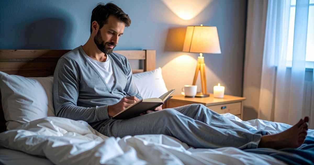 Man writing in journal on bed at night