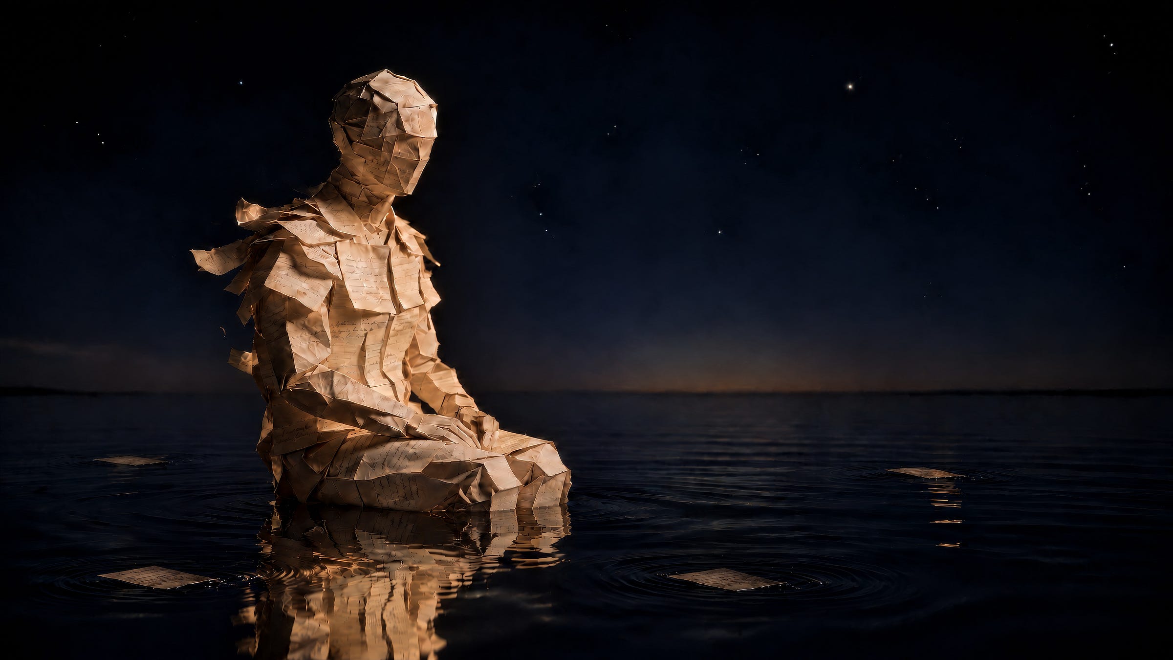 A seated figure made of handwritten paper notes on still, dark water under a night sky, notes peeling off its shoulders and a few lying flat on the water, its reflection beneath it. A seated figure made of handwritten paper notes on still, dark water under a night sky, notes peeling off its shoulders and a few lying flat on the water, its reflection beneath it.