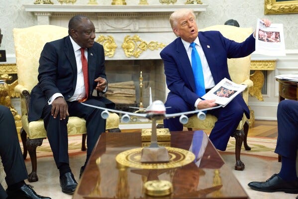 President Donald Trump meets South Africa's President Cyril Ramaphosa in the Oval Office of the White House, Wednesday, May 21, 2025, in Washington. (AP Photo/Evan Vucci) President Donald Trump meets South Africa's President Cyril Ramaphosa in the Oval Office of the White House, Wednesday, May 21, 2025, in Washington. (AP Photo/Evan Vucci)