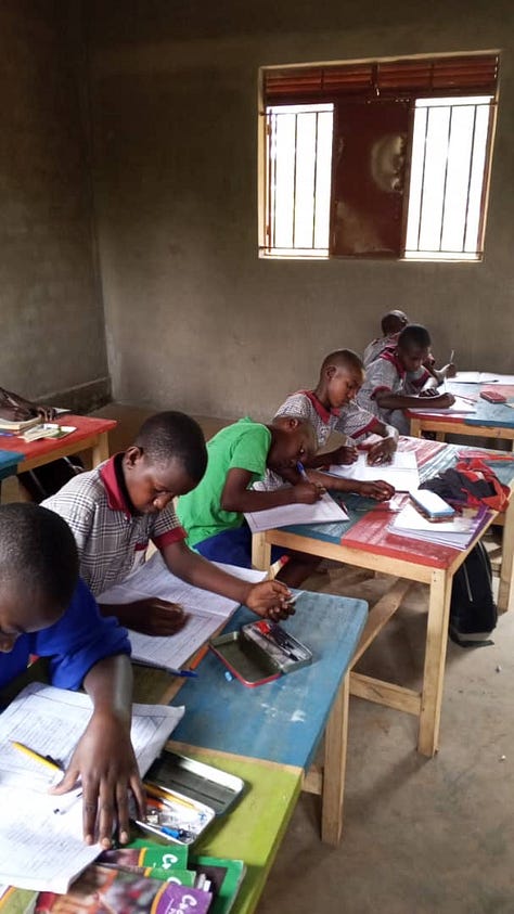 Children in Uganda playing on a playground, kids walking to class at Ebenezer Junior School, and students studying at their desks at EJS