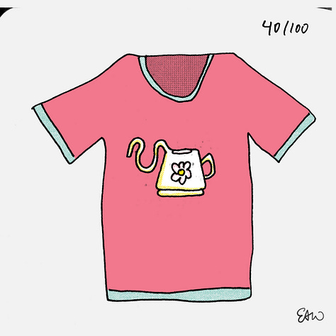 Thumbnail sktches of t-shirt concepts coloured in a limited palette