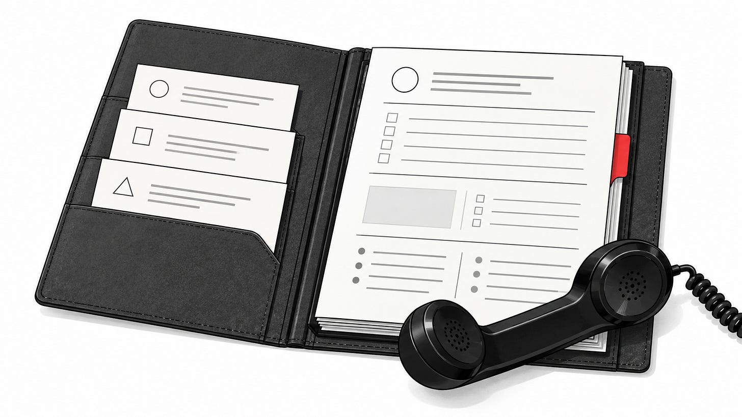 An open case file with test cards and a telephone handset. Editorial metaphor for the interview and practical decision worksheets.