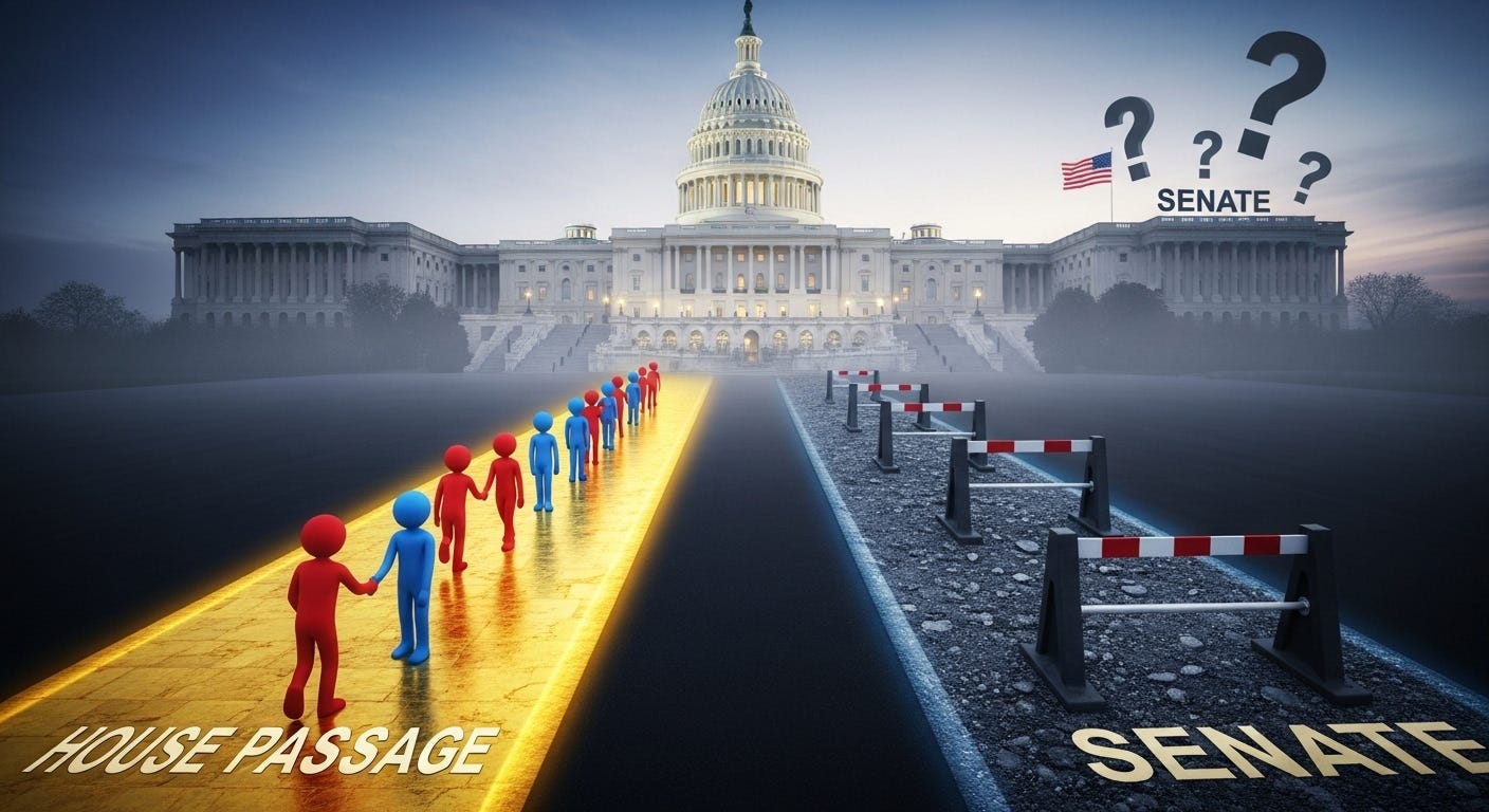 A symbolic image of two paths leading to the U.S. Capitol building: one is a smooth, glowing road labeled "House Passage" with figures walking on it, while the other is a broken, difficult road labeled "Senate" blocked by hurdles and question marks.