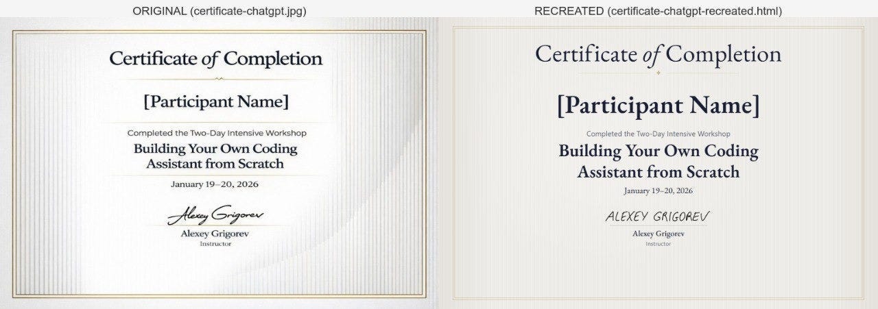 Side by side comparison of original and recreated certificates