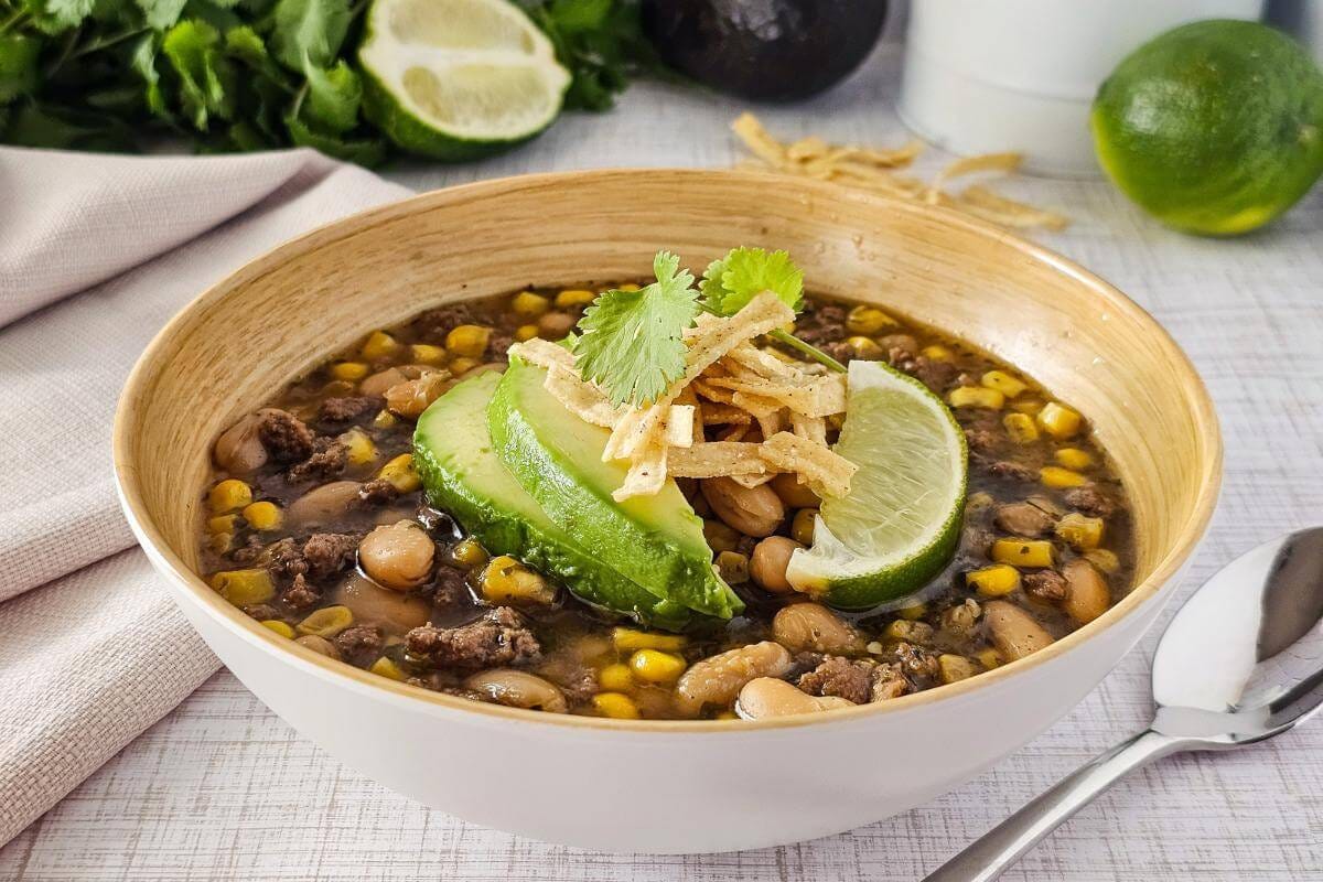 A bowl of turkey white bean chili.